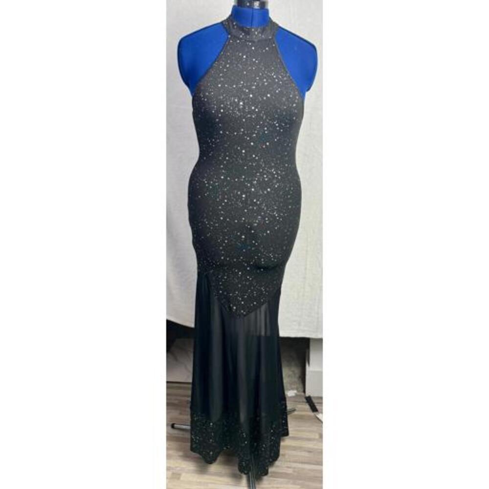 shein galaxy halter dress black celestial sheer‎ mesh hem stretch bodycon maxi